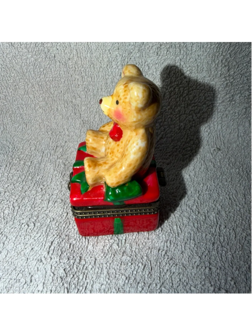 Vintage Small Hinged Trinket Box Christmas Present Teddy Bear Porcelain
